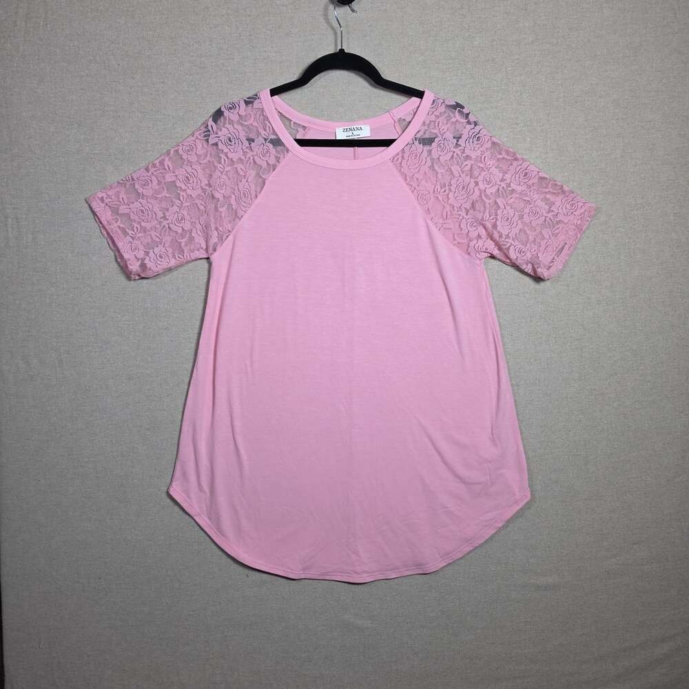 Zenana Signature pink Short Sleeve Top tunic w Lace sleeves size L NWOT